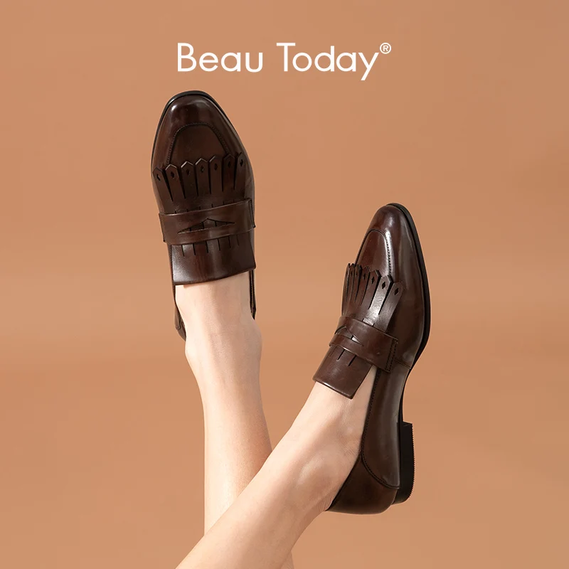 Мокасины BeauToday женские из натуральной телячьей кожи лоферы с бахромой без