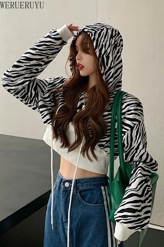 

WERUERUYU Hoodie Women Zip Up Hoodie Korean Style Women Clothing Vintage Zebra Print Sweatshirt Puff Sleeve Lady Casual