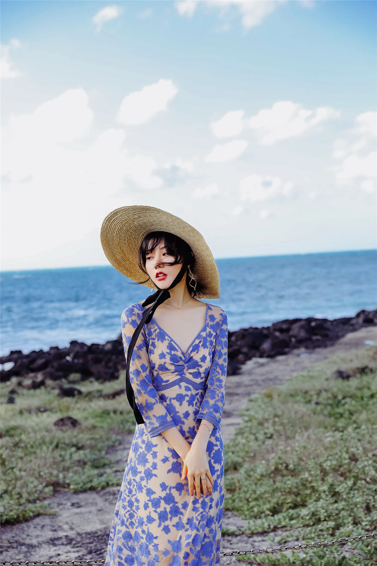 

Summer Bohemian Women Dress Long Mesh Embroidery Holiday Seaside Beach Female Dresses Three Quarter Sleeve Luxury Purple Dresses