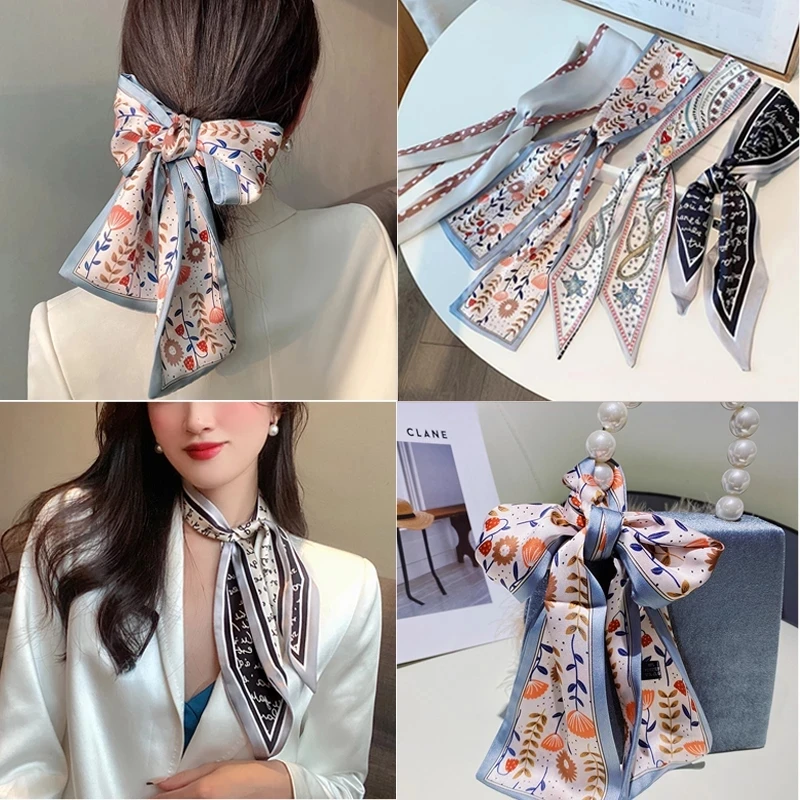

New Vintage Print Elegant Hair Ribbon for Women Boho Flower Silk Scarf Hair Scrunchie France Tie Bow Girl Korea Hair Accessories