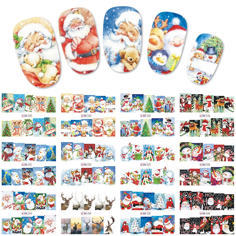 

HNUIX 72 pieces Christmas Nail Stickers Water Decals Snowman Santa Claus Nail Art New Year Slider Manicure Full Rounds Tool BN