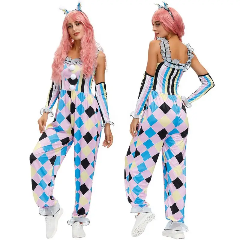 

Halloween Women Circus Clown Cosplay Costume Sleeveless Colorful Jumpsuit Headband Gloves Carnival Party Outfits