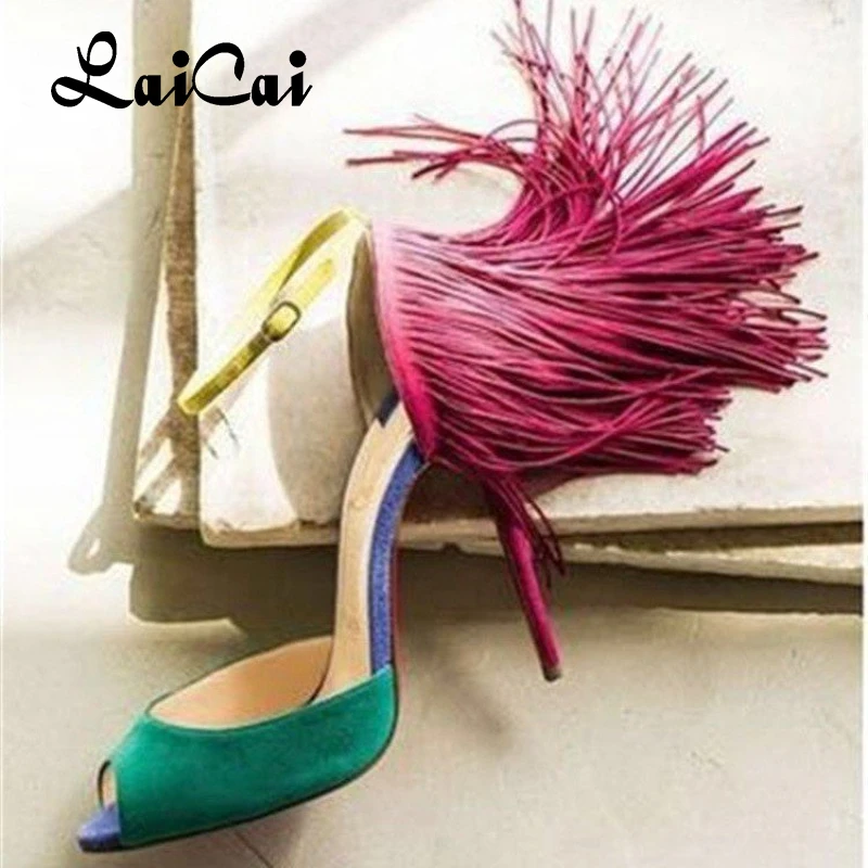 

2021 New Fashion Colorblock Personality Heels Women Tassel Simple Temperaments Buckle Peep Toe High Heels Party Sandals Shoes