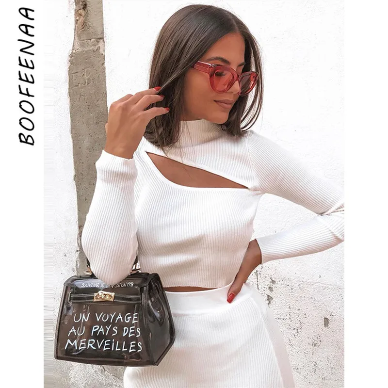 BOOFEENAA Сексуальная Асимметричная рубашка с длинным рукавом женские ребристые