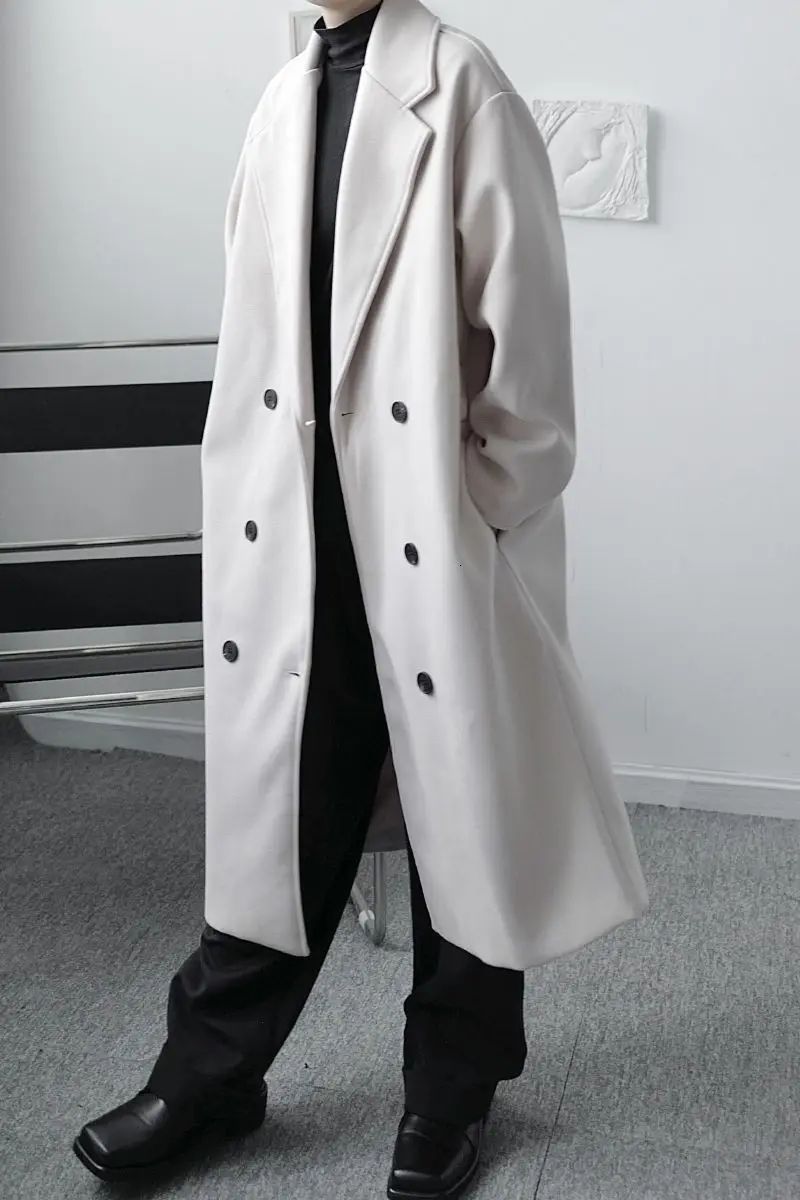 

IEFB Autumn And Winter New Men's Korean Fashion Design Double Breasted Loose Woolen Coat Oversized Black Long Clothes New 9Y4631