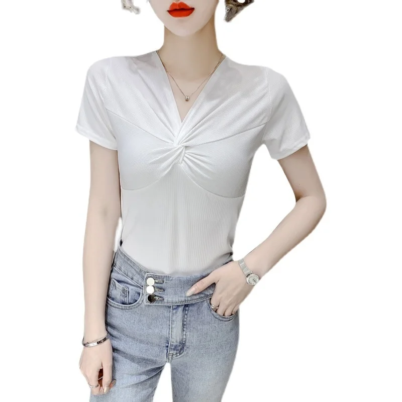 

V-neck short sleeve T-shirt women's 2021 summer wear new pure color slim top