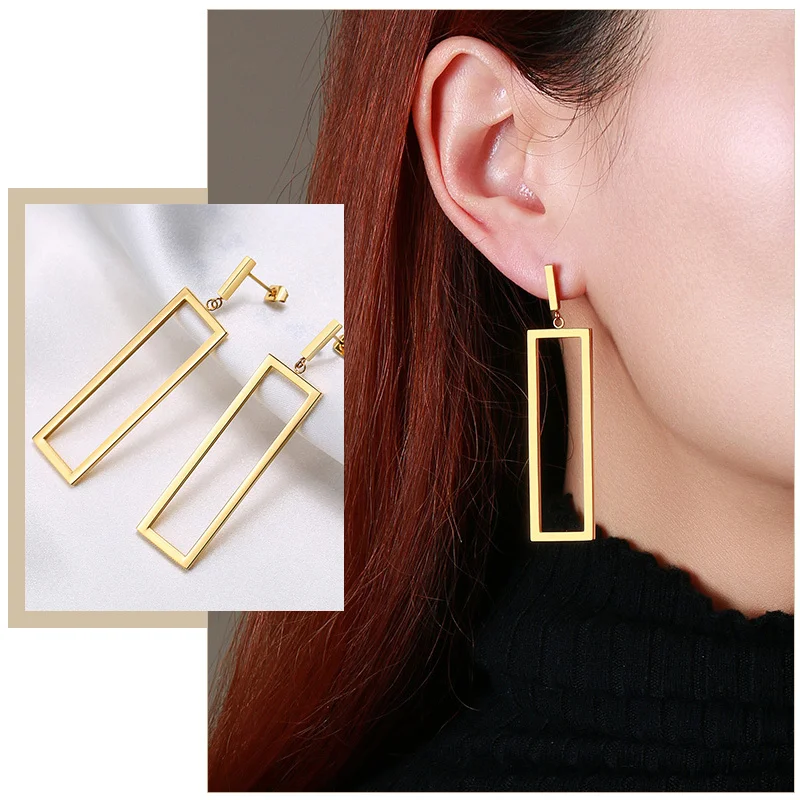 

Chic Geometric Earrings for Women, Gold Tone Stainless Steel Big Long Square Dangle Ear Clip, Lady Party Gifts Jewelry
