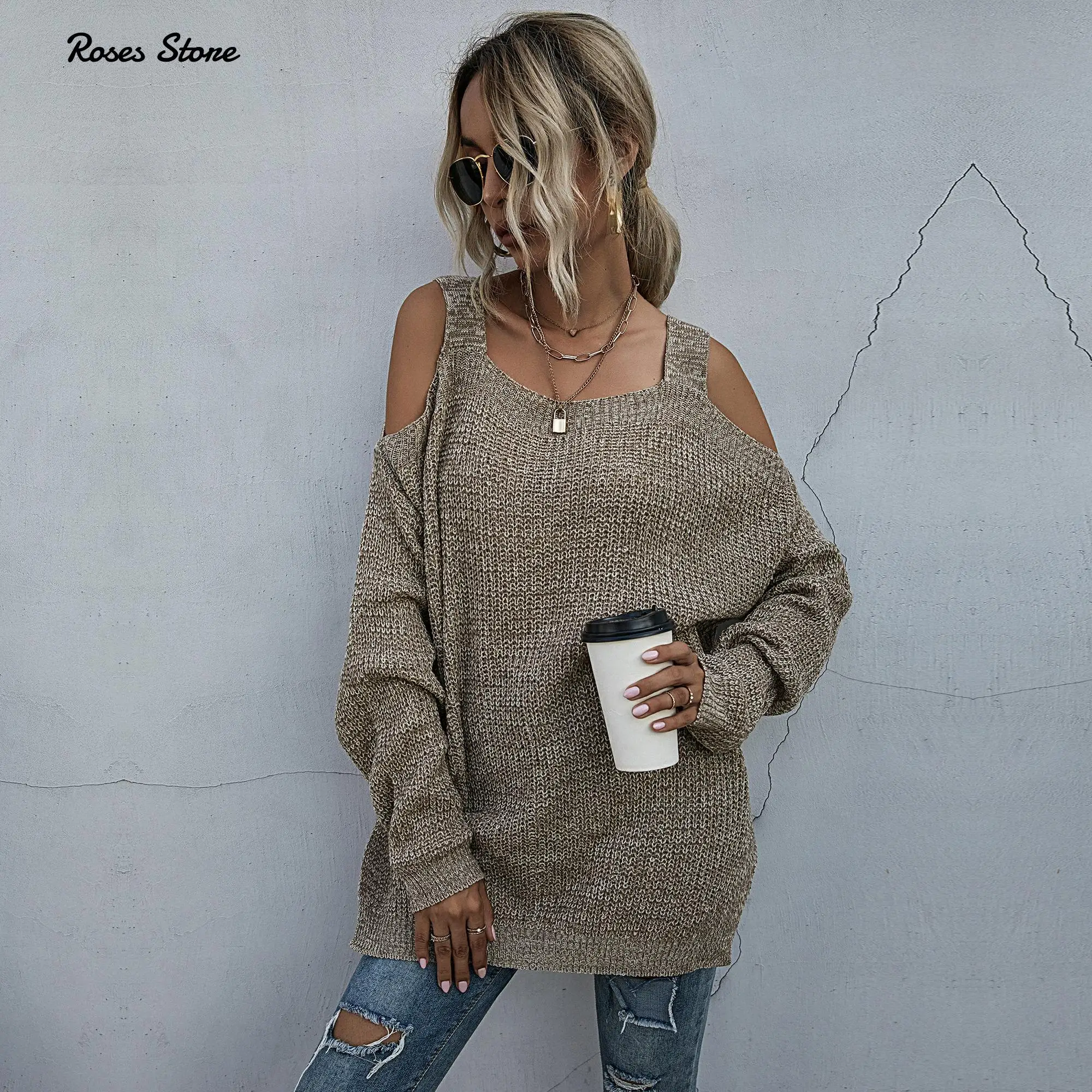 Women's Autumn Loose Lightweight Off Shoulder Sweater Khaki Pullovers Fashion Clothes Female Tops Streetwear Spring Y2K Jumpers | Женская