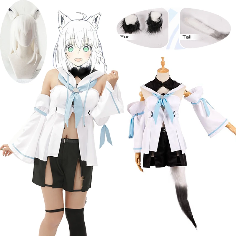 

Youtuber Hololive Shirakami Fubuki Animal Fox Tops Shorts Uniform Outfit Anime Cosplay Costumes Halloween Cosplay Wig ear tail