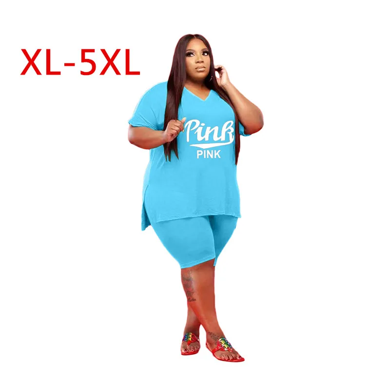 

2021 Plus Size Women Two 2 Piece Outfits Set Pink Short Sleeve T-shirt and Knee Length Shorts Matching Set Active Tracksuit 5XL