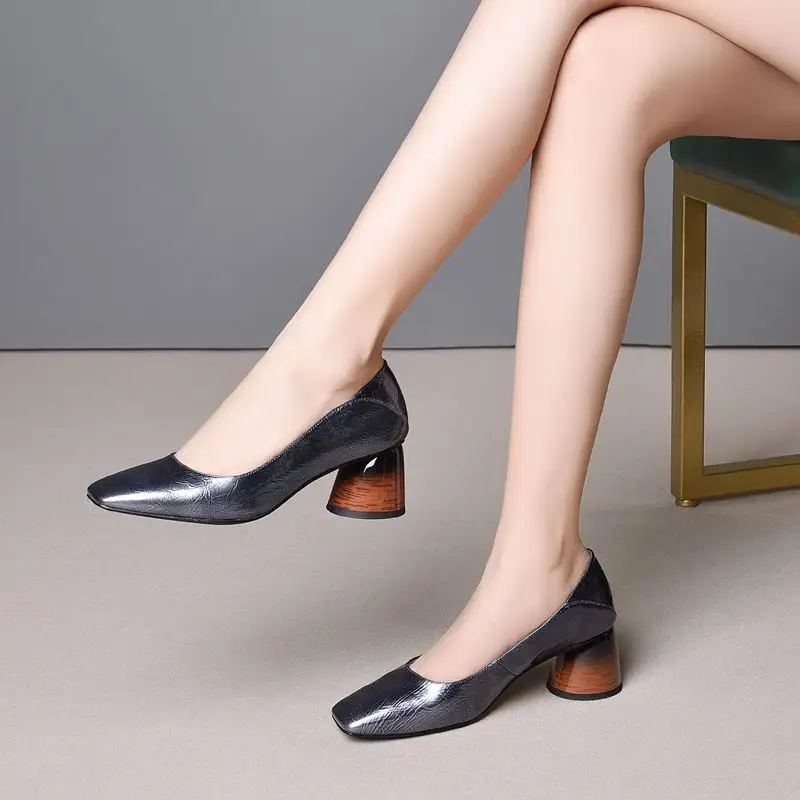 

Dilalula 2021 Great Quality Full Genuine Leather Women Chunky Heels Shoes Female Slip On OL Shoes Woman 34 41