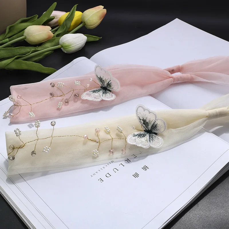 

Headband Hairband For Women Girl Korean Yarn Pearl Butterfly Fashion Fresh Sweet Hair Accessories Head Wrap Wholesale