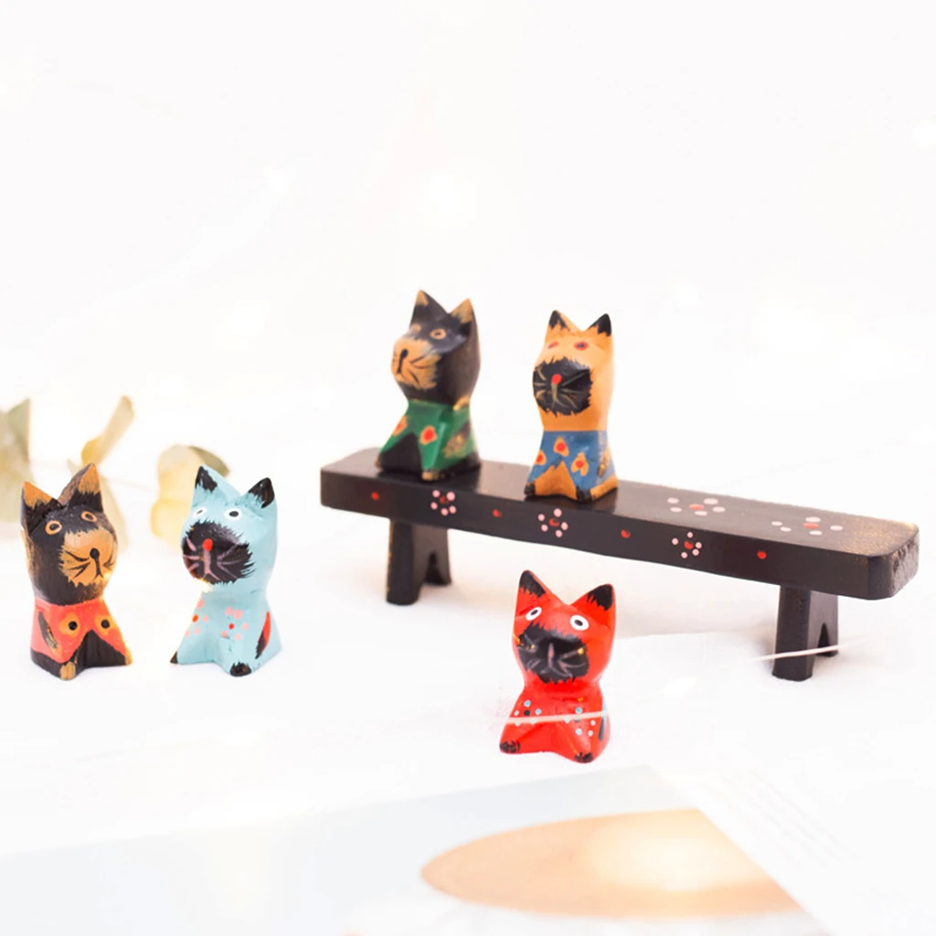

Wooden Cat Statues Set Animal Cute Kitten Figurine Decorative Sculpture Hand Carved Painting Mini Cat Artwork Ornament