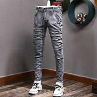 street fashion men jeans retro gray elastic slim fit ripped jeans men korean style stretch designer casual denim pencil pants