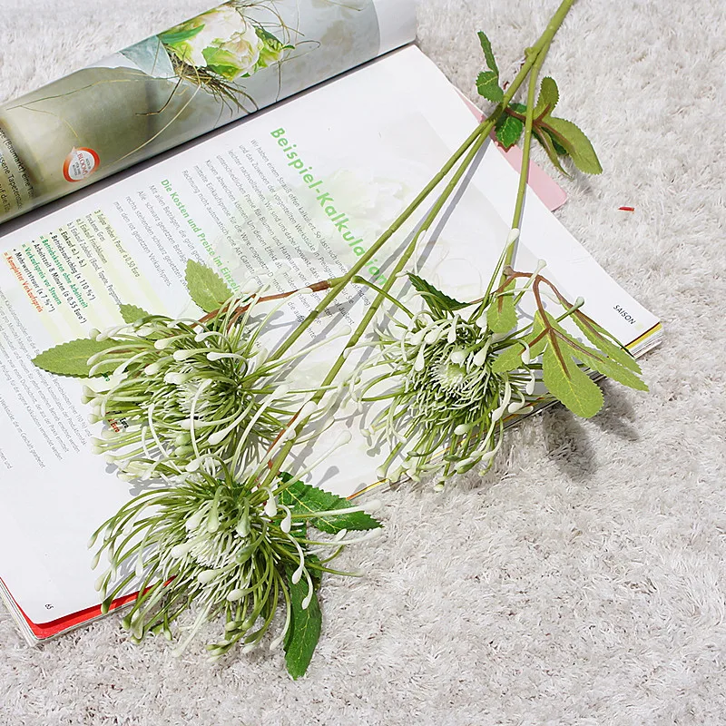 green white Белый Leucospermum Искусственные цветы длинная ветка поддельные цветы Пластиковые цветы для украшения свадьбы Сад Открытый Высокое качество - Цвет: green white