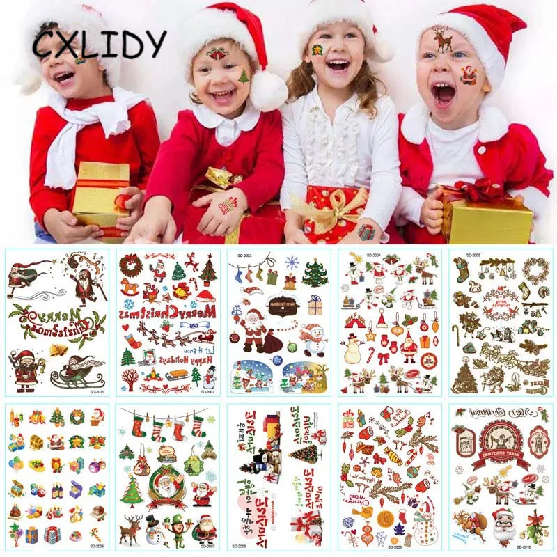 

Christmas Tattoo Sticker Green Waterproof Child Sticker Set Santa Claus Snowflake Cartoon Sticker aa069