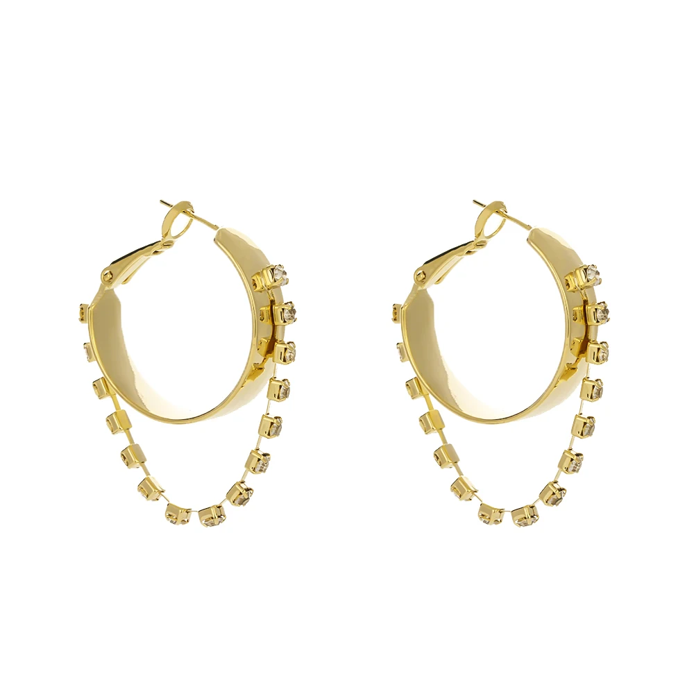 YMYW Fashion Round Golden Hoop Earrings Personalized Chain Rhinestone Copper Ear Ring Women Girls Anniversary Gift бижутерия New |
