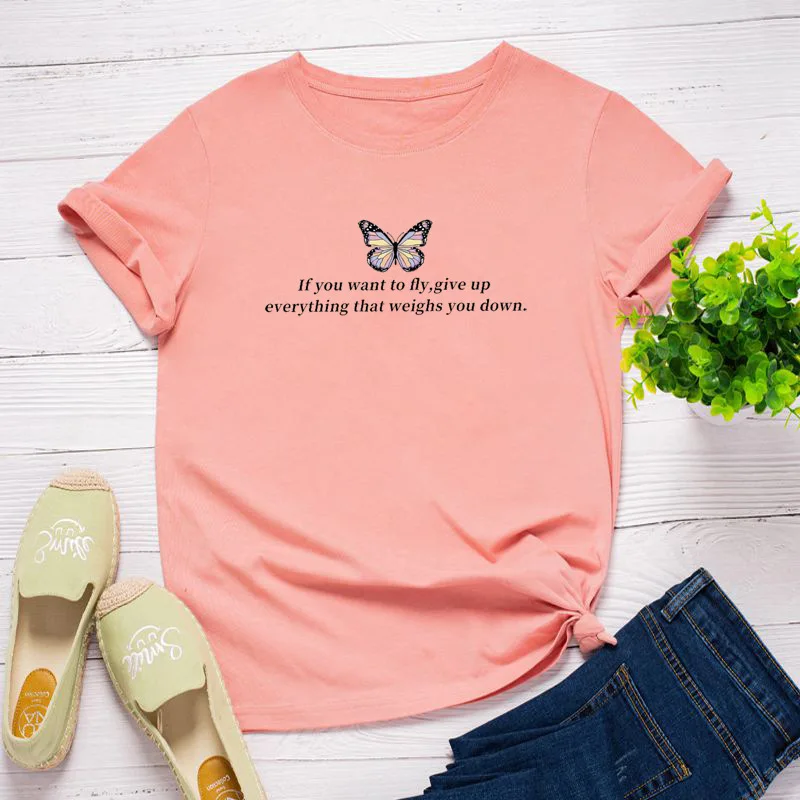 

Summer Cotton T Shirt Women Butterfly with Inspirational Words Graphic Tees Plus Size Short Sleeve Tshirts Streetwear Tops
