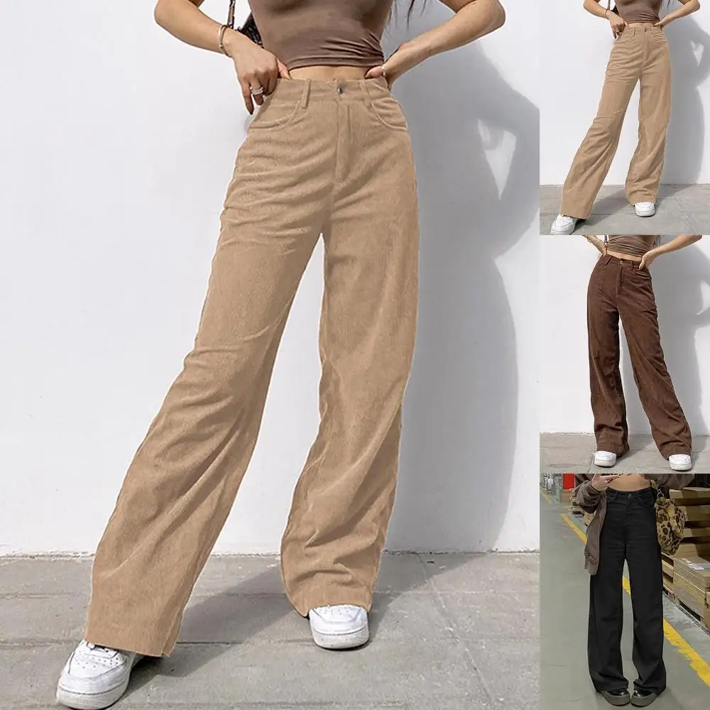 

High Waist Women Straight Trousers Pants Solid Color Wide Leg Pockets Corduroy Trousers