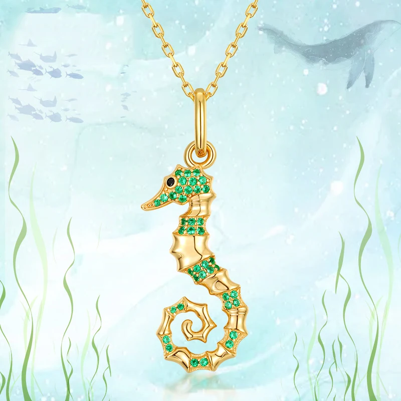

JrSr New 100%925 Sterling Silver Seahorse Inlaid Green Zircon Pendant Necklace 2020 Woman Fashion DIY Jewelry Valentine Day Gift