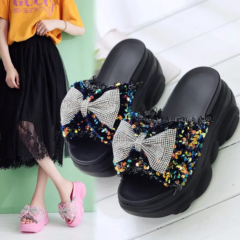 

Platform Wedge Slippers Sandals Women Bling Bow Open Toe Slippers Summer Outdoor Casual Thick Sole Slides Women Beach Flip Flops