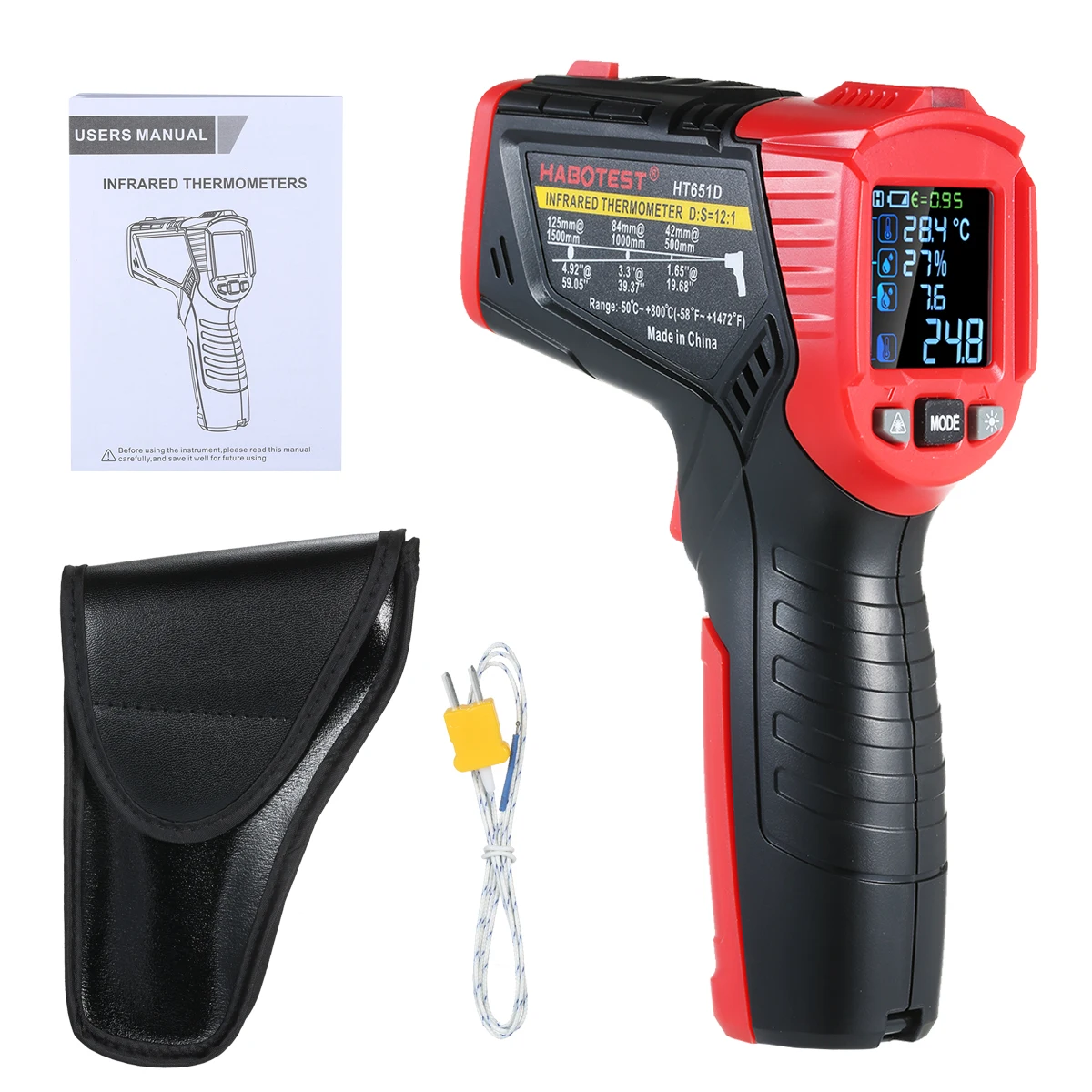 

Non-Contact Infrared Thermometer-50~500 High Temp Thermometer Humidity Dew Point Temperature Meter with K-Type Thermocouple