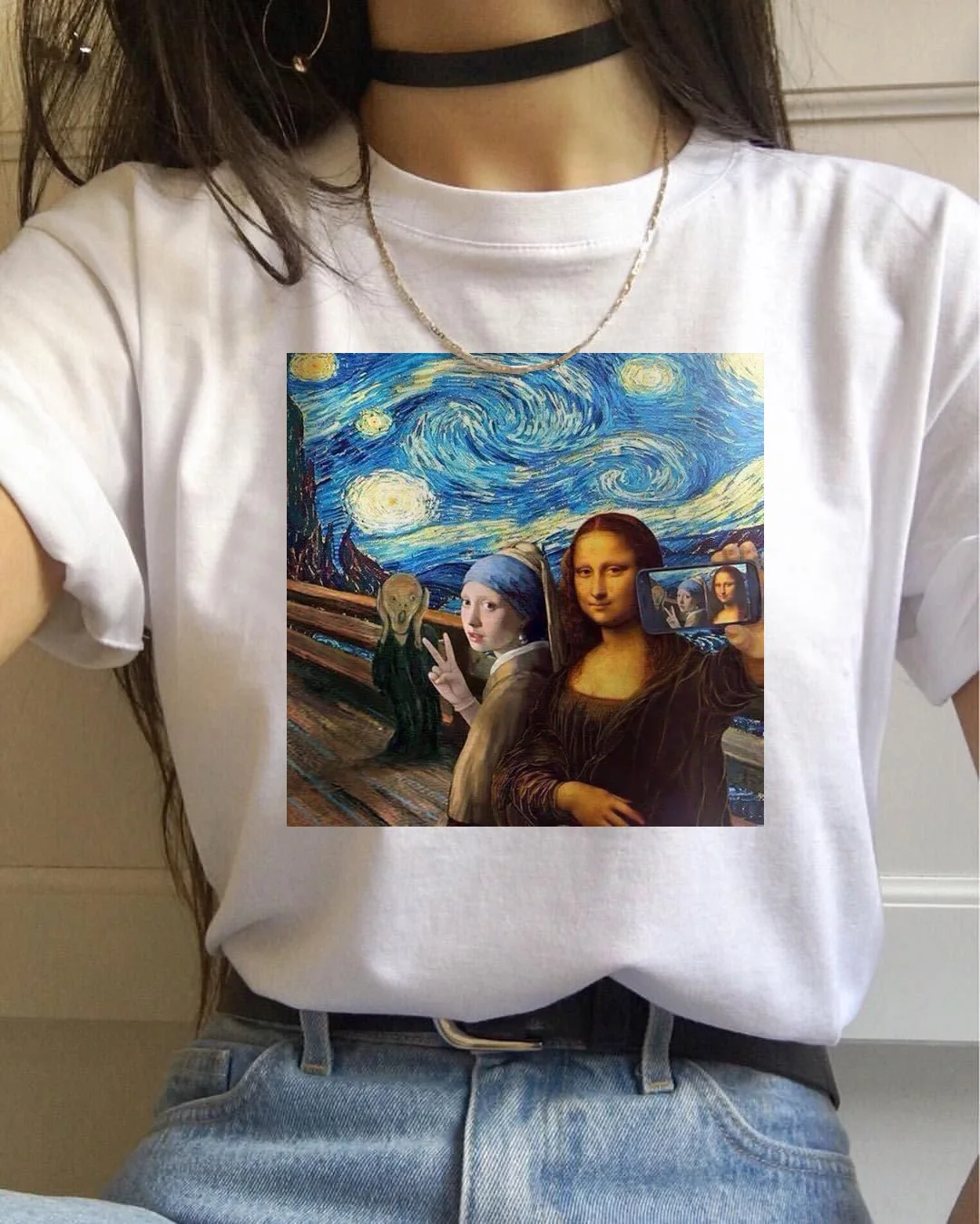 Mona Lisa Футболка женская Ван Гог Забавный Топ Футболка vogue harajuku 90s Уличная Сейлор Мун Повседневная футболка с принтом женская