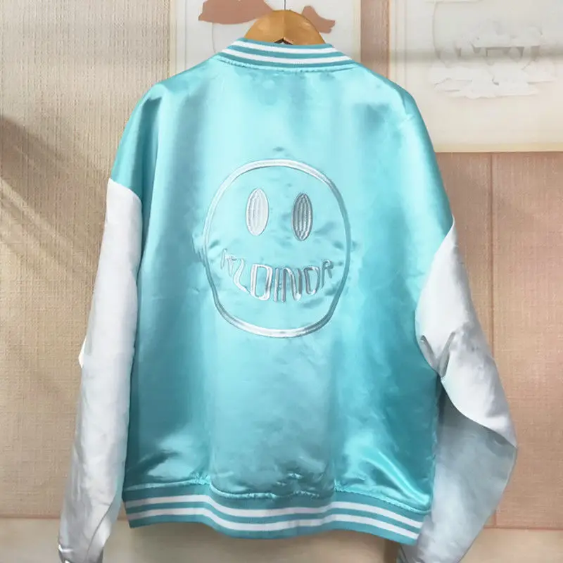 

Womens Japanese Baseball Jacket Smiley Towel Embroidered Satin Jacket Varsity Jackets Harajuku College Loose Coats Streetwear