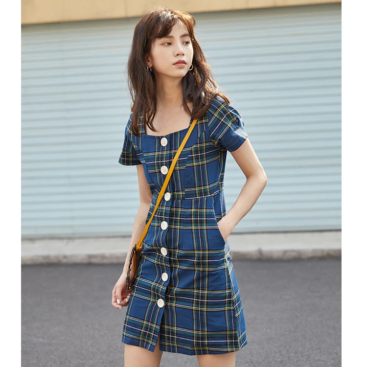 Синее клетчатое платье Make вечерние со светодиодами французское пляжное для