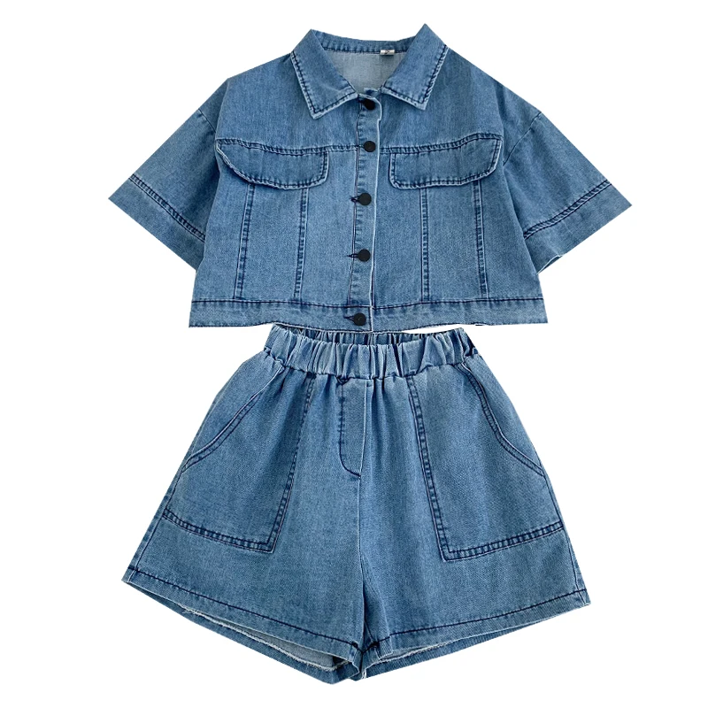 

Fitaylor Summer Women Fashion Denim Suits Single Breasted Short Sleeve Tops+elastic Waist Wide Leg Shorts Denim Two-piece Suit