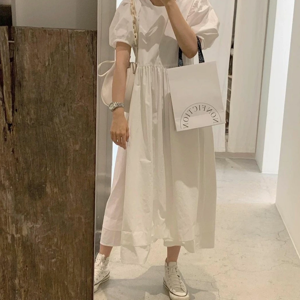 Корейское шикарное милое Молодежное приталенное платье ниже колена с пышными