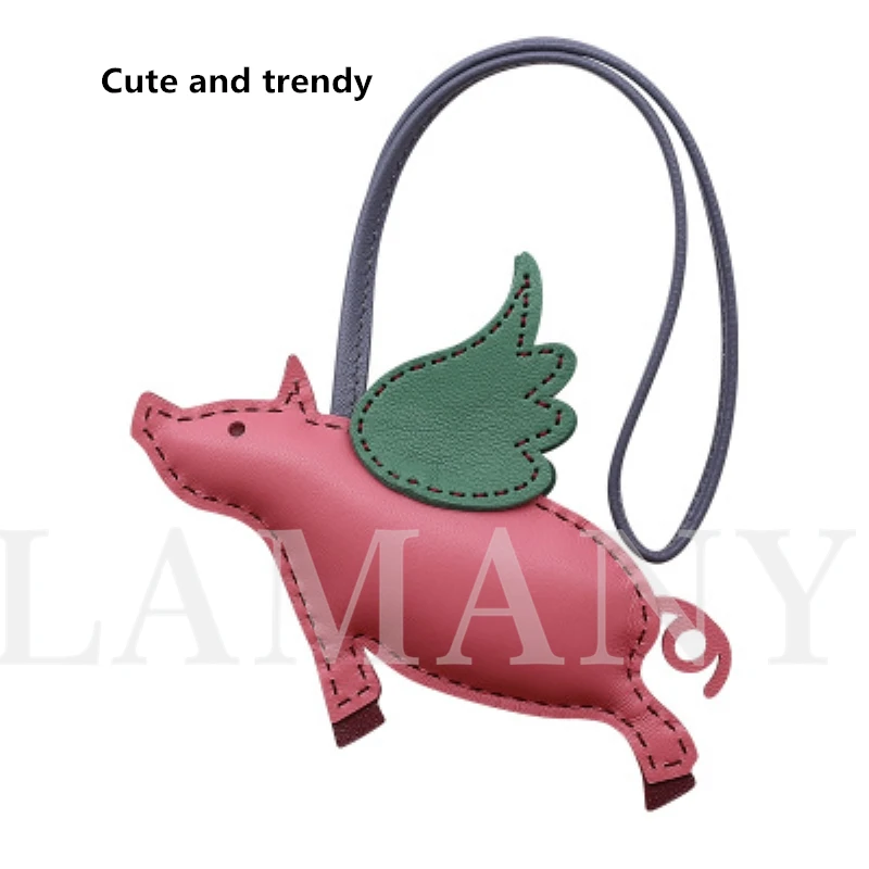 

Cute Fly Pig Pendant Fashion Women Bag Charm Ornament Genuine Sheepskin Pig Keychain Car Pendant Real Leather Keyring Top