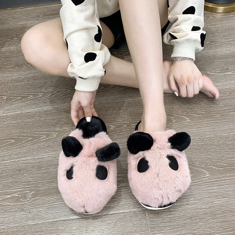 

Lovey Animal Panda Slippers Women's Fluffy Home Shoes 2021 New Warm Soft Cartoon Slides Shoes Woman Pink Furry House Slippers