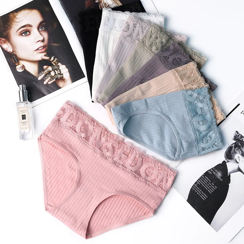 

[85-125 kg] Threaded cotton mid-waist underwear women's seamless lace edge breathable women's cotton briefs cotton underwear