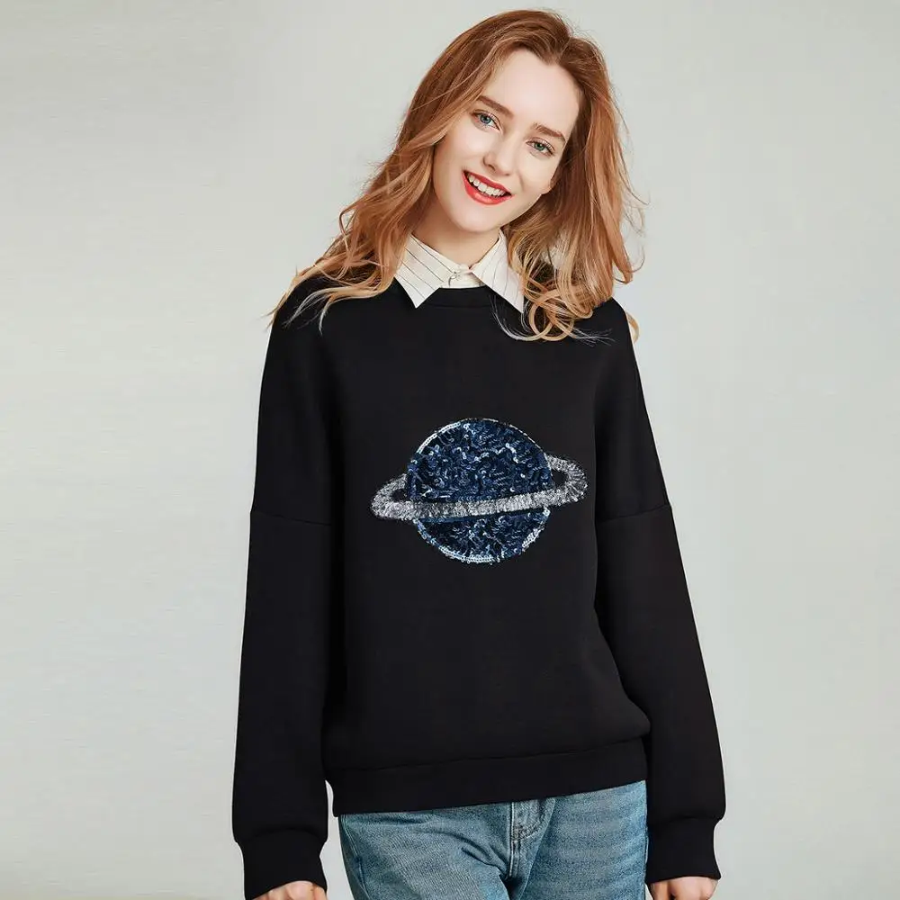 Хавва женский черный блестящий сшивной круглый вырез хлопок и полиэстер пуловер