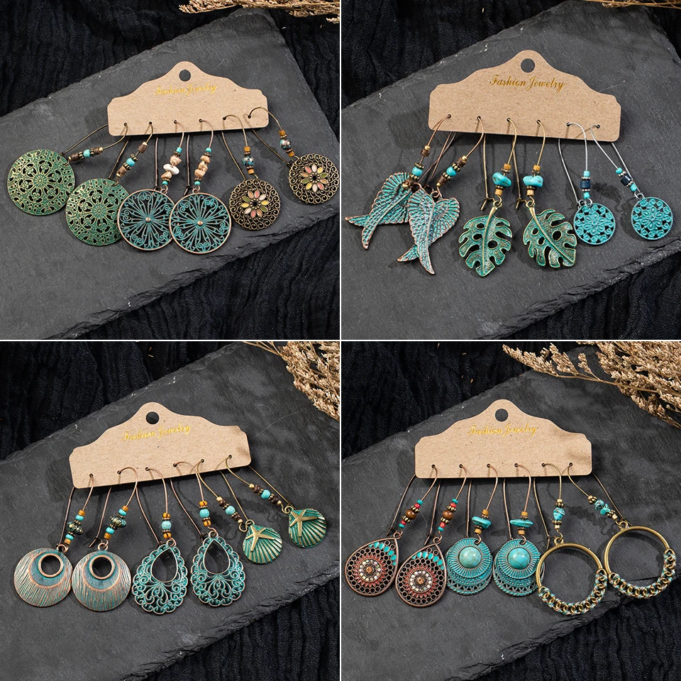 

Vintage Big Flower Leaf Earring Set Female Statement Jewelry Ethnic Bohemia Long Bronze Handing Dangling Drop Earrings for Women
