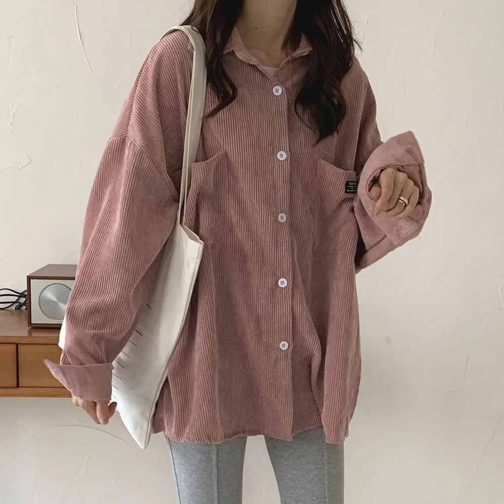 

Retro Women's Corduroy Shirt Korean BF Style Loose Casual Coats Outerwear 2021 New Spring Autumn Long Sleeve Blouses Lady Tops