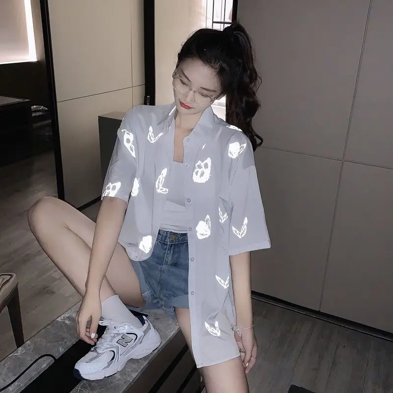 

shirt women summer new Reflective butterfly short-sleeve shirts Korean couple retro student loose fashion Blouses oversized tops