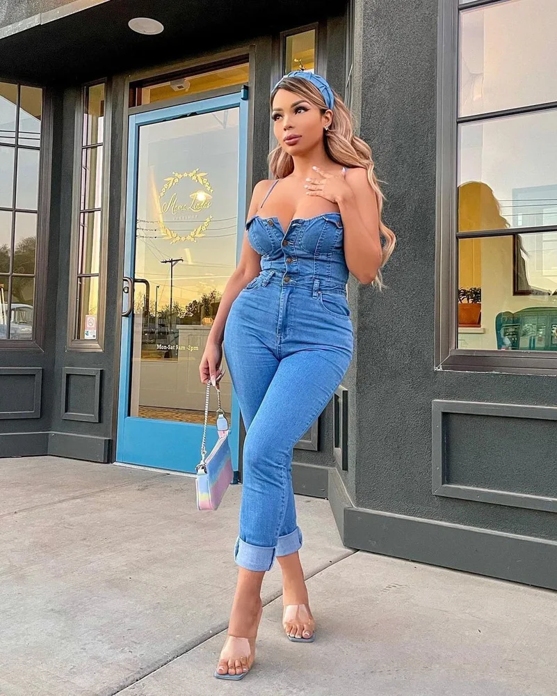 

Summer Jeans Overalls Sexy Women Spaghetti Strap Bodycon Blue Denim Pencil Jumpsuit Romper