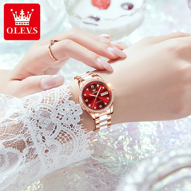 OLEVS 2023 New Luxury Mechanical Womens Watches Luxury Diamond Rose Gold Case Casual Watch Women With Weekly Calendar Waterproof enlarge