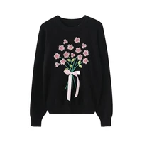 new autumn womens knitted sweater black bouquet embroidery sweater white round neck long sleeved flower pattern loose sweater