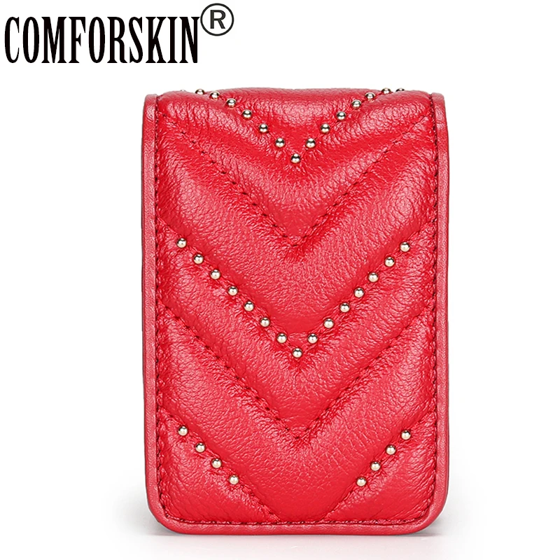 

COMFORSKIN Genuine Leather Lipstick Box Storage Bag New Arrivals Cowhide Make Up Bag Wave Pattern Ladies Portable Mirror Cases