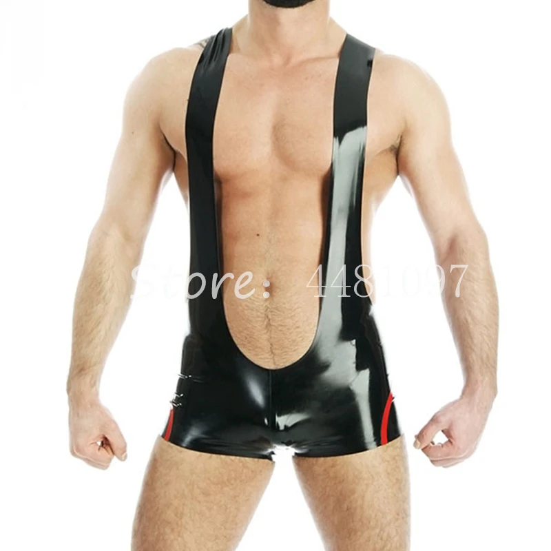 Black Latex Suspender Romper Shorts Pants for Men mens one piece body suit (no zipper) | Тематическая одежда и униформа