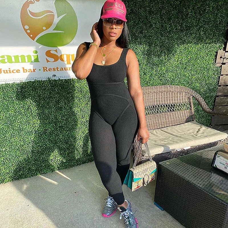 

2020 Women Sleeveless Tank Jumpsuit Rompers Ribbed Playsuit Bodycon Slim Solid Stretch Shorts Pants Trousers Fitness Outfits New