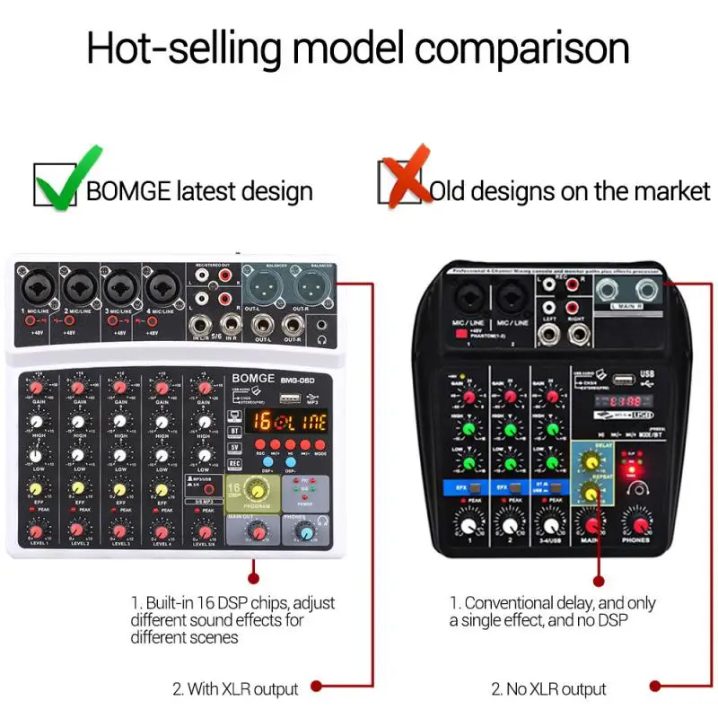 6 Channels Audio Sound Mixer With Card Mixing DJ Console USB 48V Phantom Power 16 DSP Effects Bluetooth-compatible | Электроника