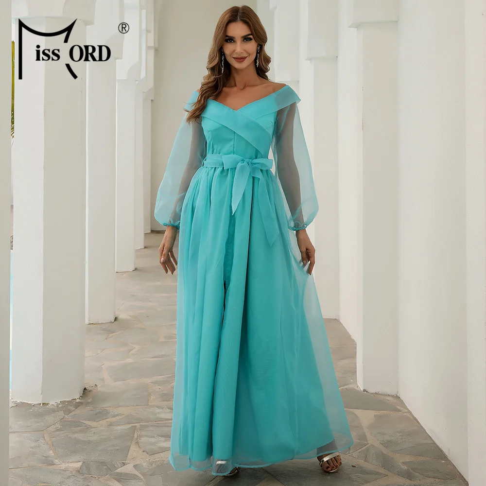

Missord 2021 Sexy Off Shoulder Lantern Sleeve Print Party Dress Female Lace Up Mesh Maxi Dress Evening Long Women's Dress M01092