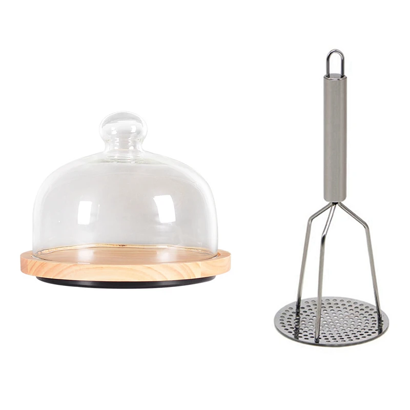 

New Western Rotate Cake Tray Transparent Glass Cover Bamboo Wood Tray & Stainless Steel Potato Masher With Handle