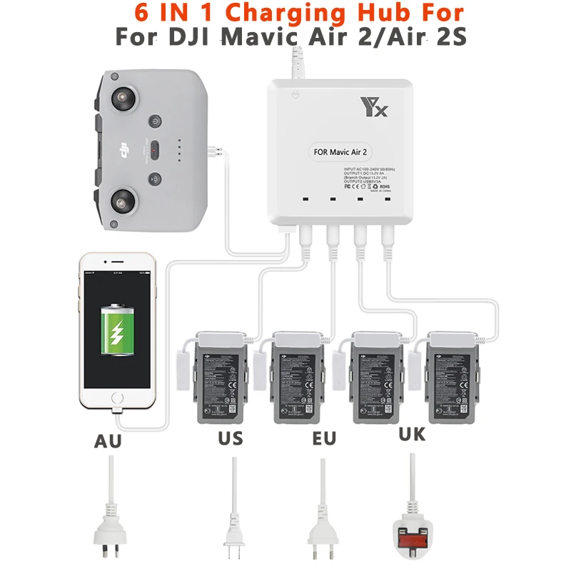 

Зарядное устройство 6 в 1 для дрона DJI Mavic Air 2 /2S с USB-портом