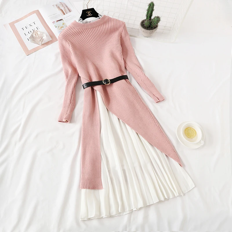 Осенне-зимний женский комплект из двух предметов с длинным рукавом вязаный