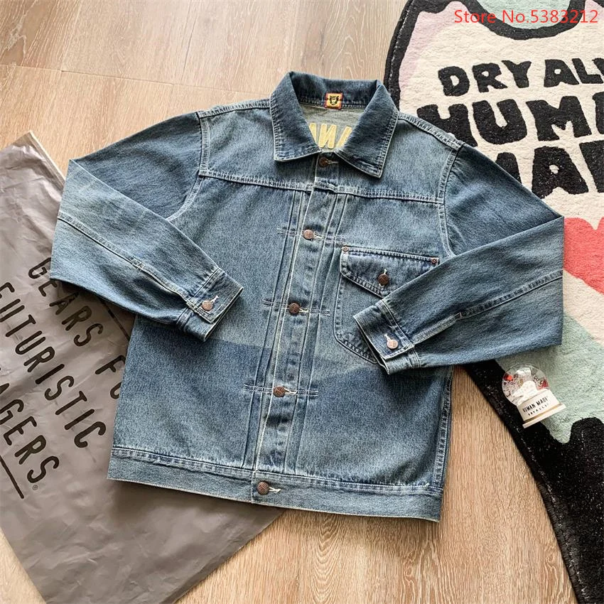 Human Made Denim Jacket For Men Women Jeans Bomber Jackets Japanese Streetwear Vintage Clothes Hip Hop Cropped Coats Fashion